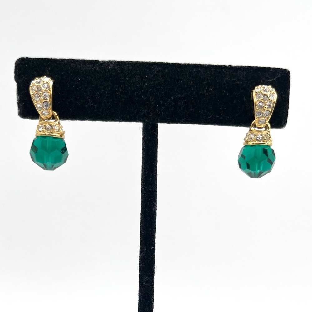 Elegant Gold Tone and Green Drop Earrings with Rhinestone
